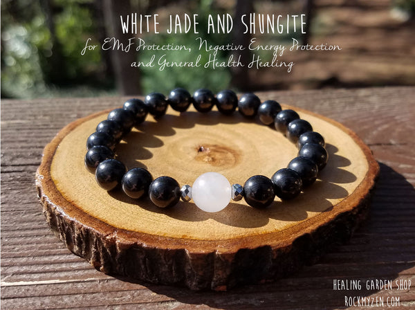 White Jade and Shungite bracelet by RockMyZen.com