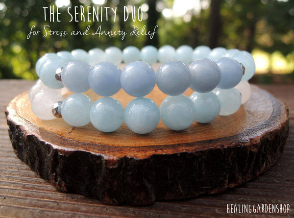 Stress Relief Duo with Angelite, Aquamarine and White Jade