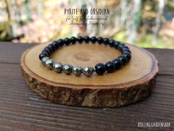 Dainty Faceted Pyrite and Obsidian Bracelet by Rock My Zen