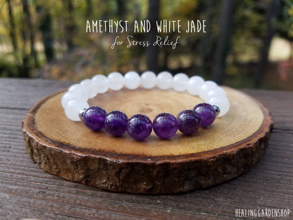 Amethyst and White Jade Bracelet for Stress Relief and Negative Energy Protection