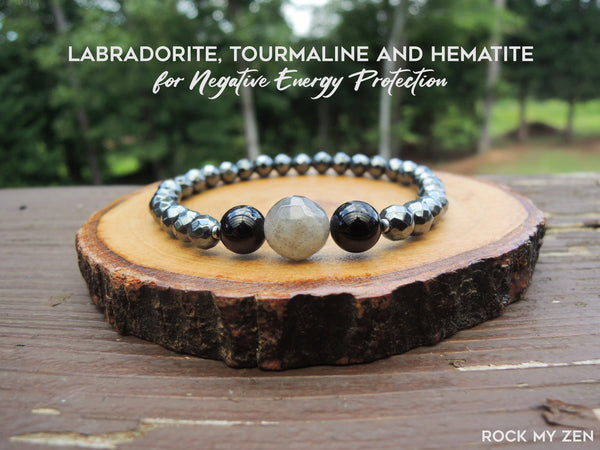 Dainty Labradorite, Tourmaline and Hematite Bracelet for Negative Energy Protection by Rock My Zen