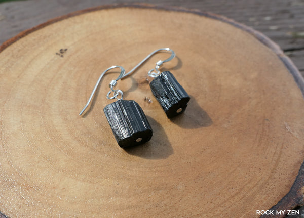 Natural Black Tourmaline Sterling silver and Natural Black Tourmaline Earrings by Rock My Zen